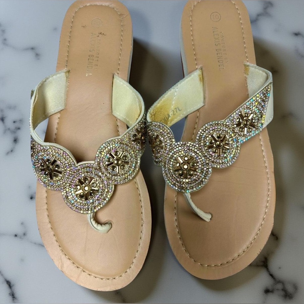 Gold and Tan Ornate Sandals with Rhinestone Medallions size 10